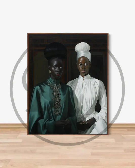 Regal portrait of two elegant Black women in cultural attire