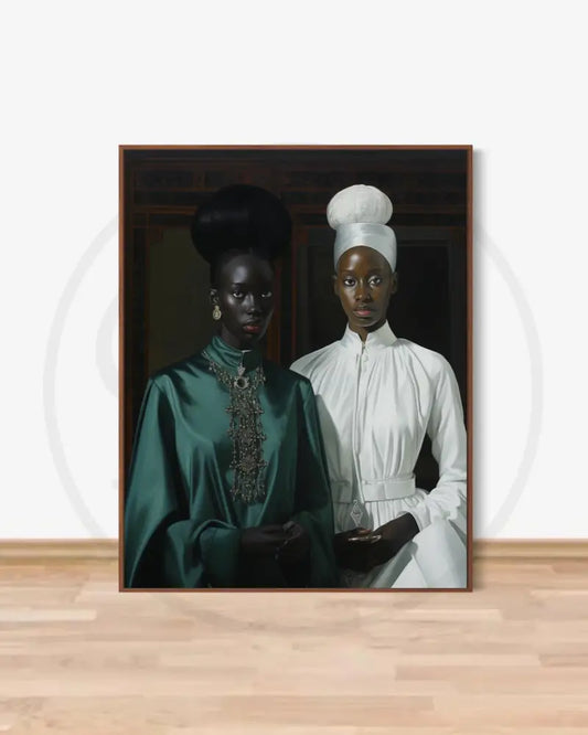 Regal portrait of two elegant Black women in cultural attire