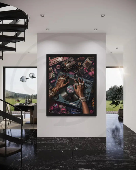 Retro urban digital wall art of Black woman’s hands on DJ turntable.