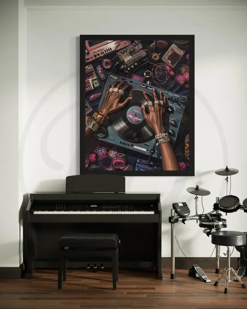 Printable Black culture artwork with vibrant DJ and music elements.