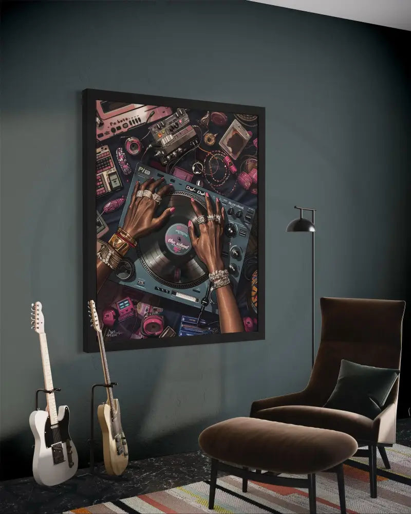 Black woman hands spinning vinyl with jewelry and retro accessories.