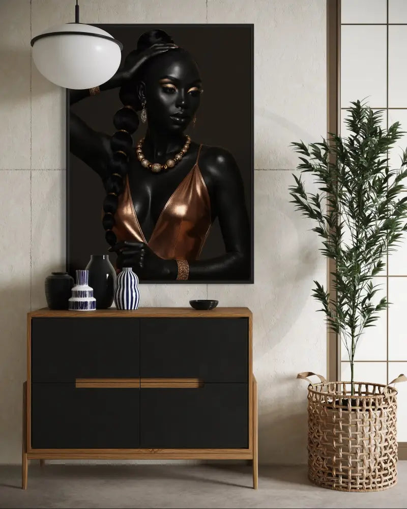 Bold jewelry portrait with gold drop earrings