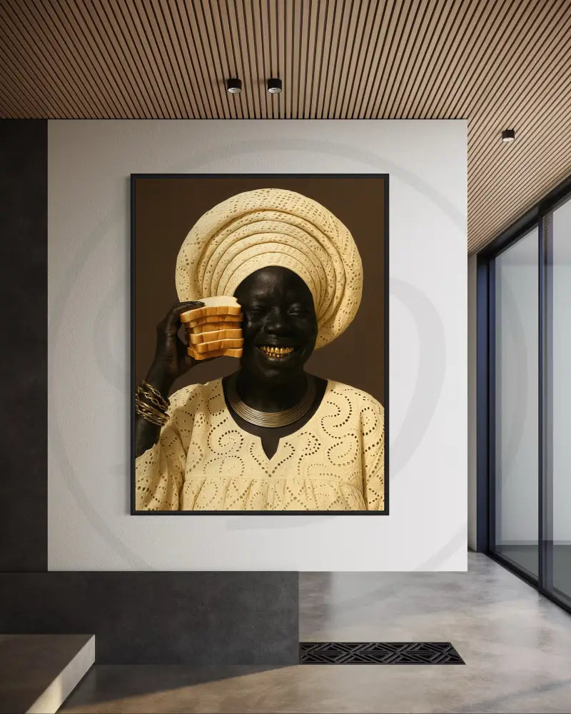 Black woman in gele holding bread to her eye