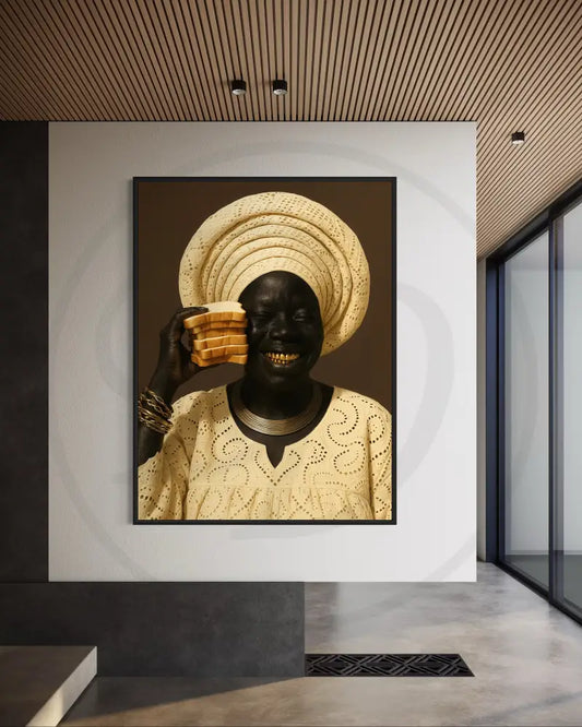 Black woman in gele holding bread to her eye