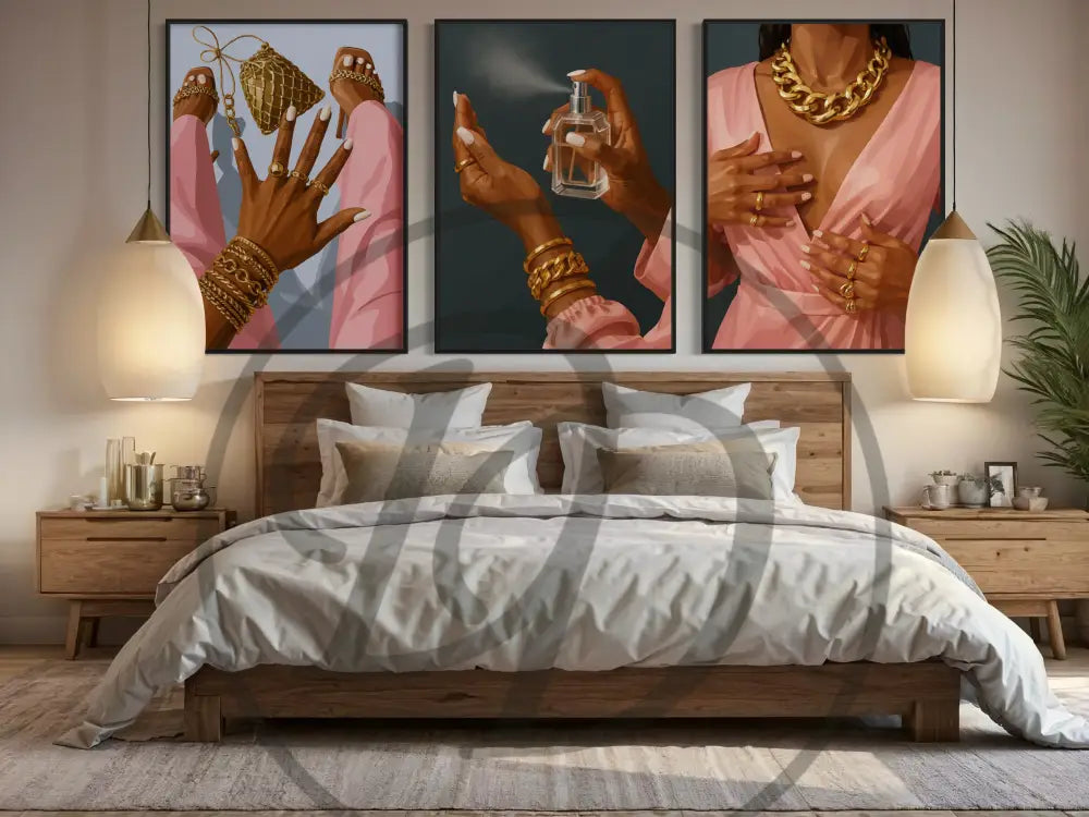 Luxury Afrocentric wall art of Black women in pink and gold