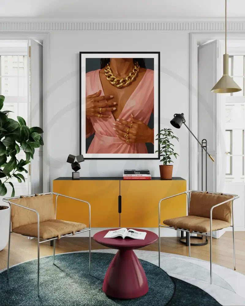 Digital art trio of stylish Black hands and pink fashion pieces