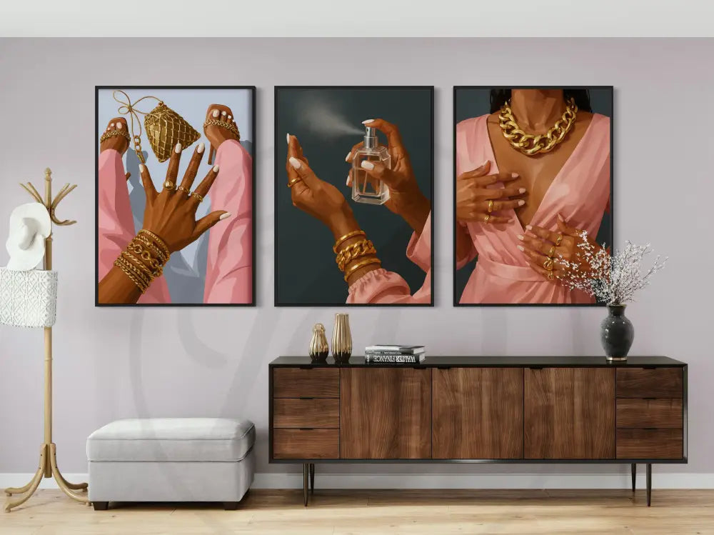 Afrocentric wall art set of Black hands with gold jewelry and pink outfits