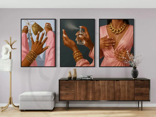 Afrocentric wall art set of Black hands with gold jewelry and pink outfits