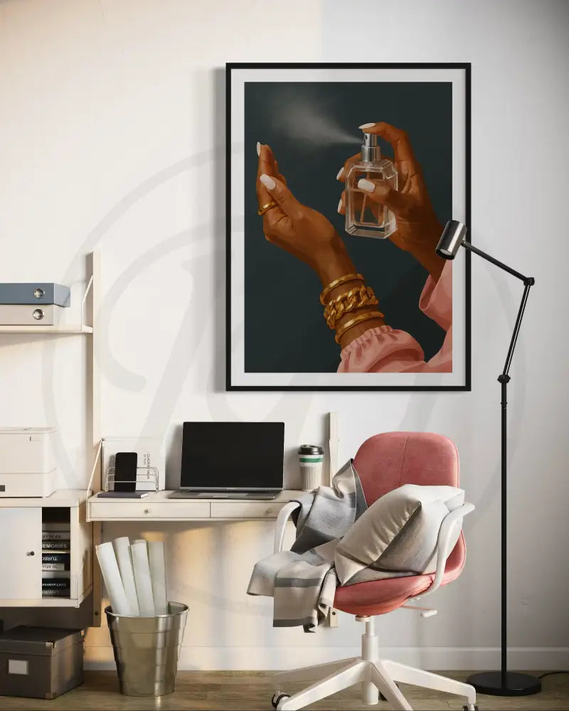 Afrocentric wall décor featuring gold jewelry on Black hands