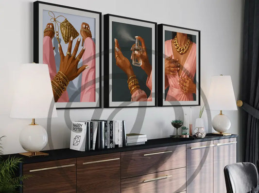 Three-piece digital art of elegant Black women hands and accessories