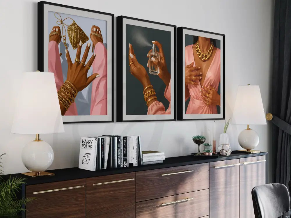 Three-piece digital art of elegant Black women hands and accessories