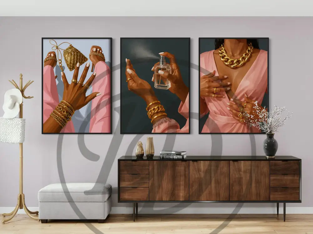 Afrocentric wall art set of Black hands with gold jewelry and pink outfits