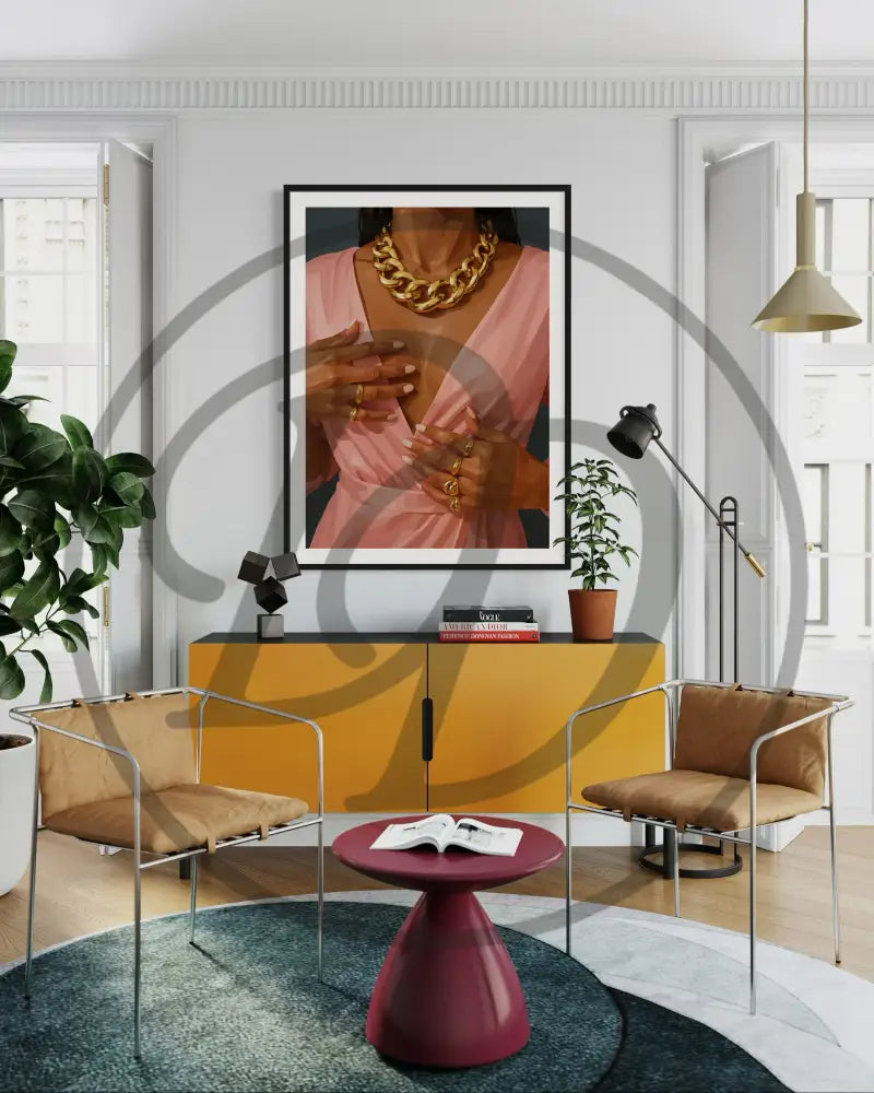 Digital art trio of stylish Black hands and pink fashion pieces
