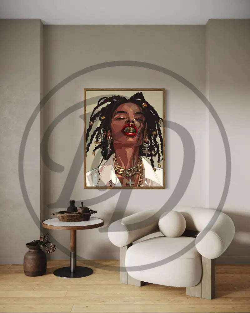 Black woman art print with chunky jewelry and powerful expression.