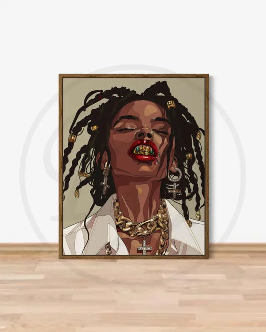 Urban Afrocentric digital wall art of Black woman with gold grillz and jewelry.