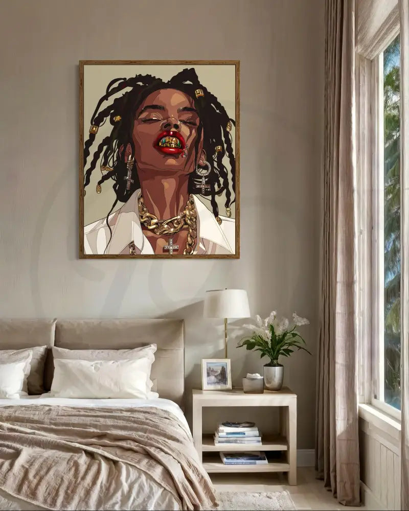 Minimalist urban Afrocentric portrait digital art for stylish home décor.