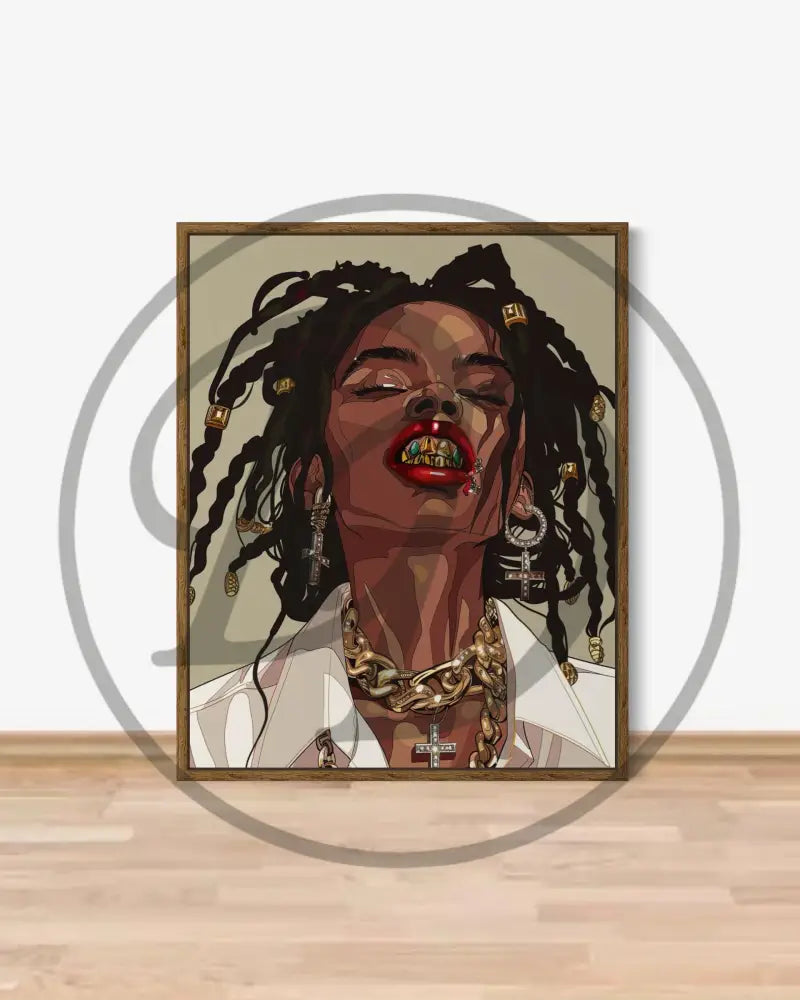 Urban Afrocentric digital wall art of Black woman with gold grillz and jewelry.