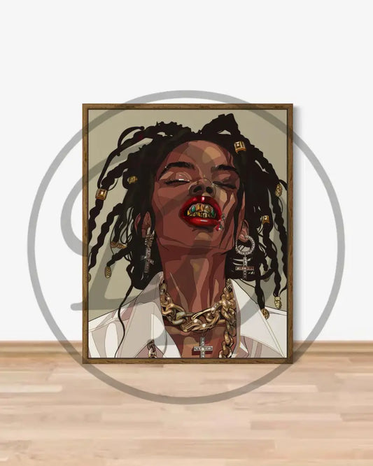 Urban Afrocentric digital wall art of Black woman with gold grillz and jewelry.