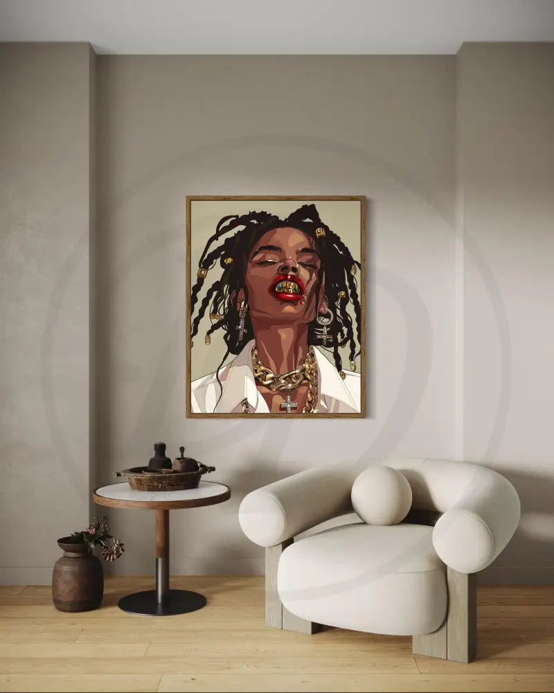 Black woman art print with chunky jewelry and powerful expression.