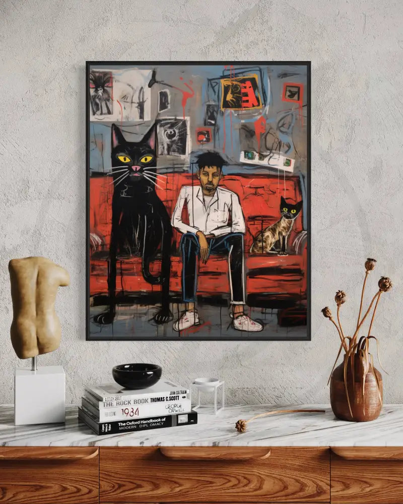Figurative modern art with bold red and black contrasts.