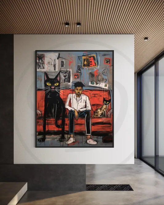 Urban expressionist figurative wall art with cats.
