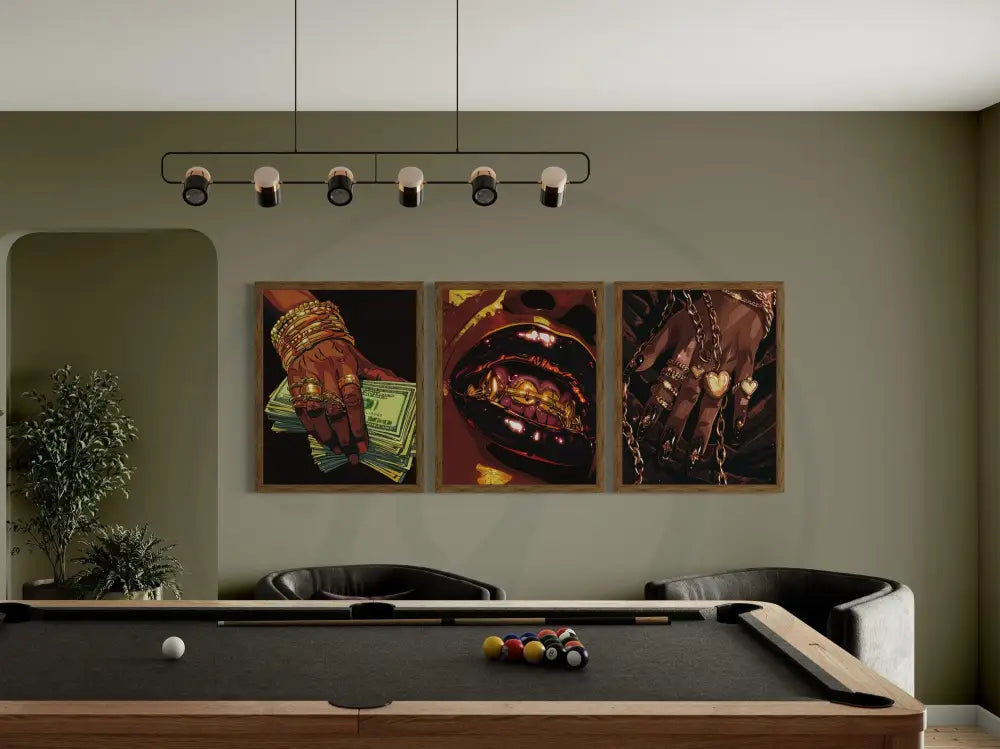 Luxury-inspired art featuring gold jewelry and stacks of cash digital download.
