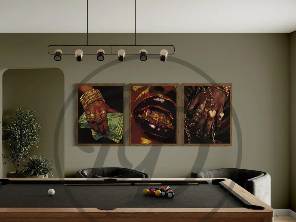 Luxury-inspired art featuring gold jewelry and stacks of cash digital download.