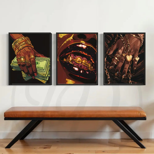 Urban Luxe 3-piece wall art set with gold jewelry, cash, and grills for bold modern interiors. Digital download printable bundle.