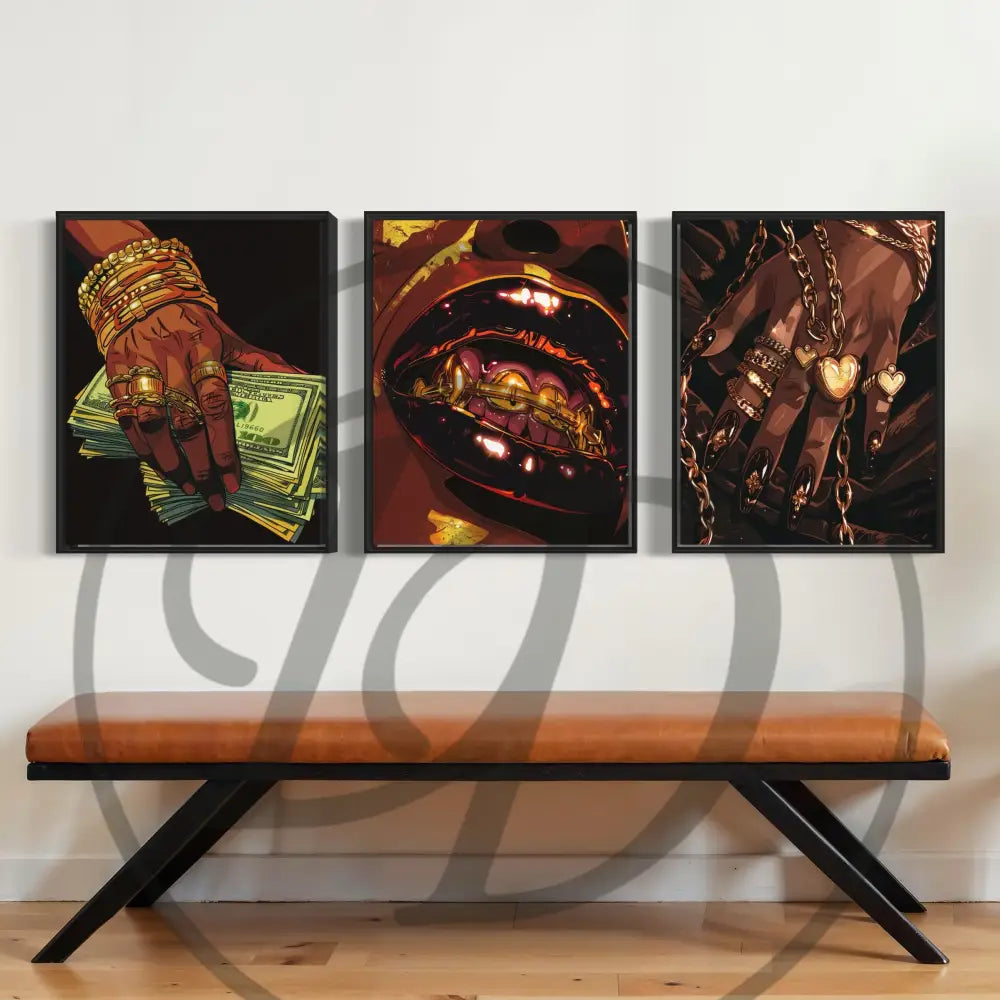 Urban Luxe 3-piece wall art set with gold jewelry, cash, and grills for bold modern interiors. Digital download printable bundle.