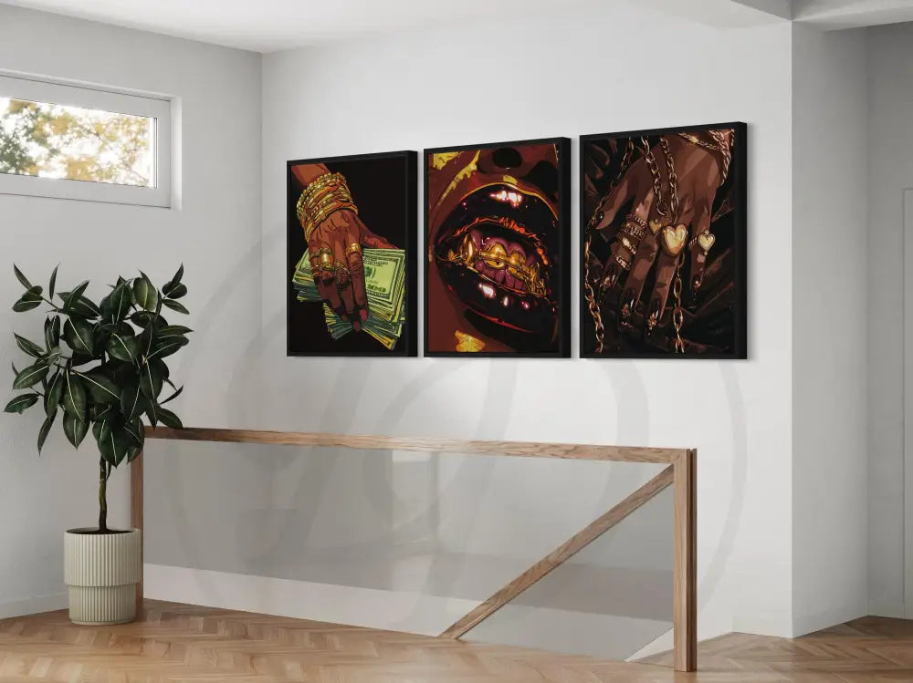 Afro-urban wall art set of three prints with gold and glamour details.