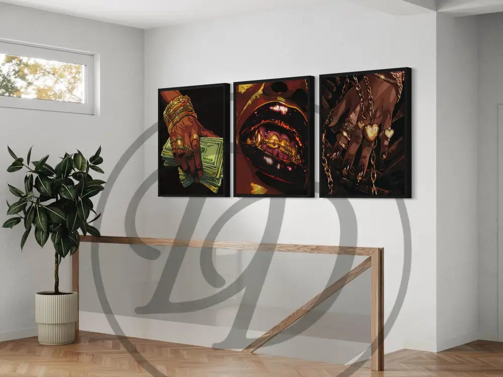 Afro-urban wall art set of three prints with gold and glamour details.