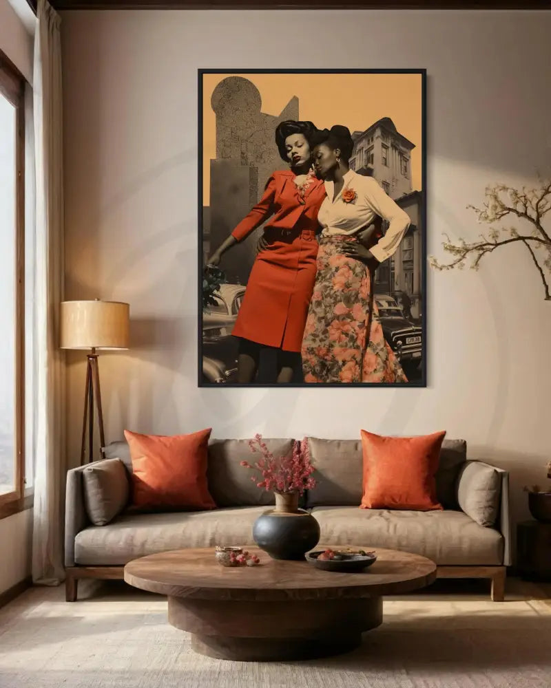 Black women art print with warm colors and classic urban setting.