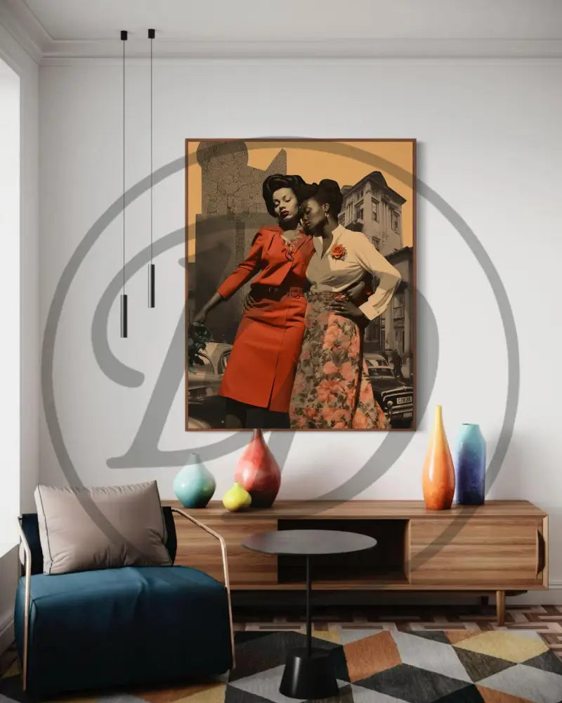 Printable Black women friendship art with floral accents and nostalgic tones.