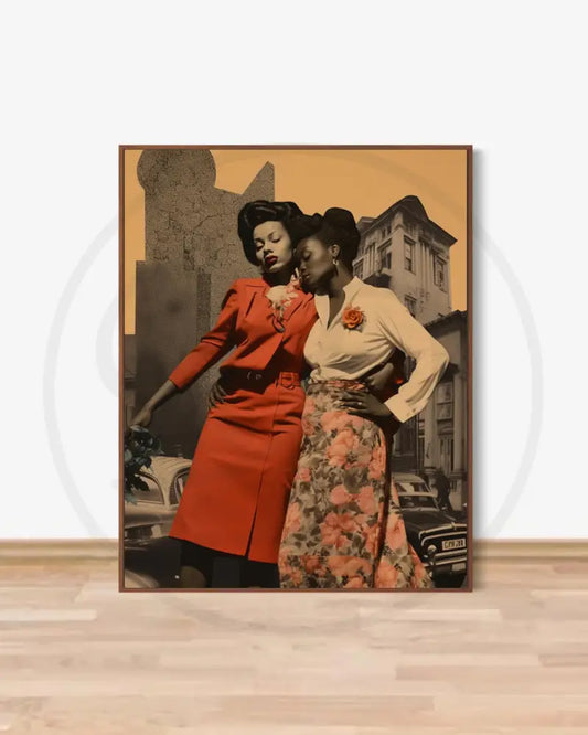 Vintage Afrocentric digital wall art of two Black women sharing a tender moment.