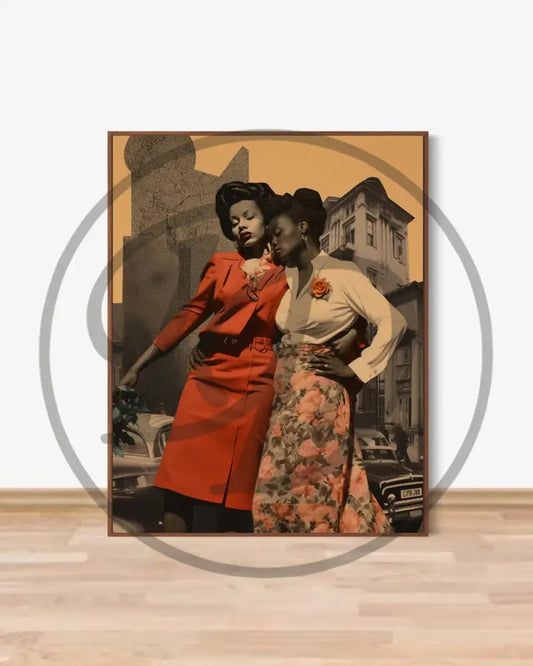 Vintage Afrocentric digital wall art of two Black women sharing a tender moment.