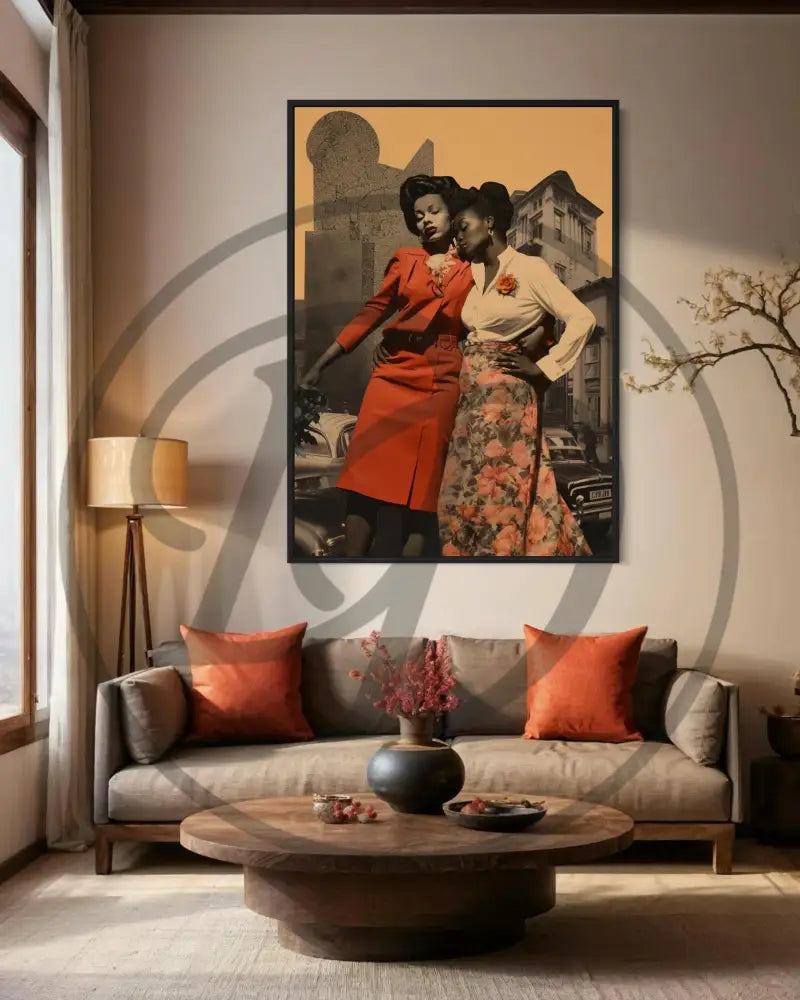 Black women art print with warm colors and classic urban setting.