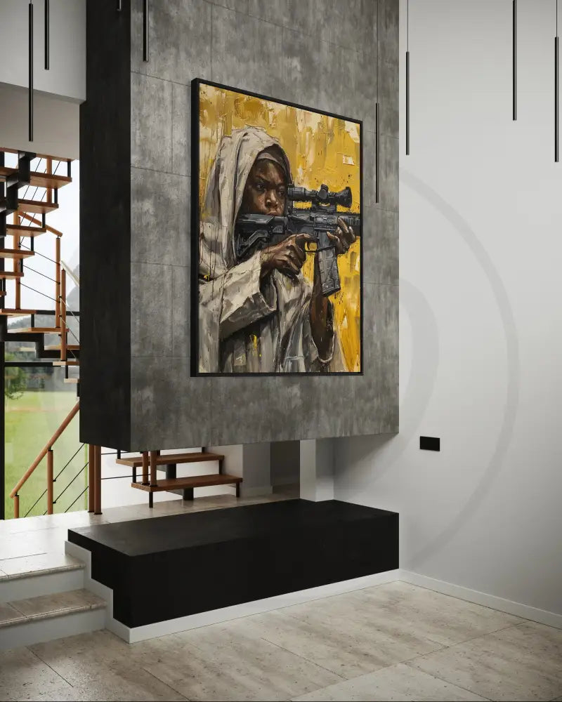Afrocentric modern figurative art with warrior symbolism.