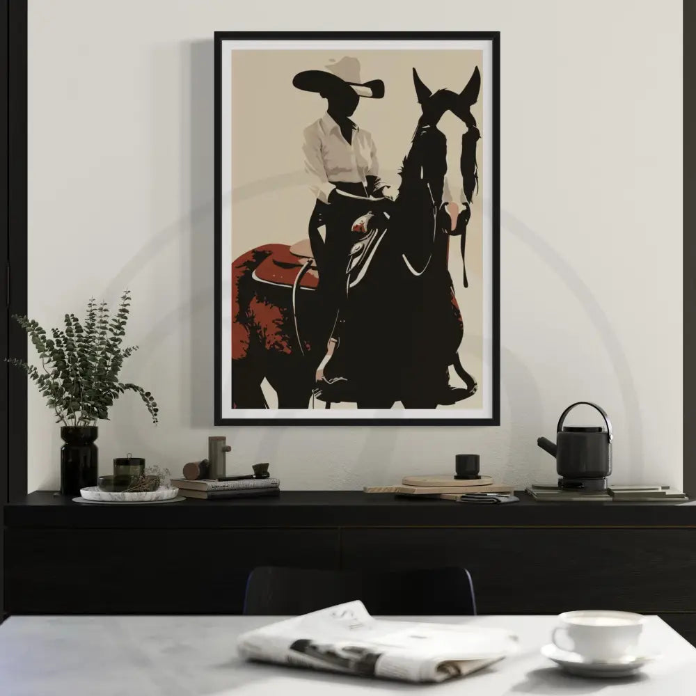 Minimalist digital art of Black cowboy riding horse. Printable Afrocentric Western wall décor.