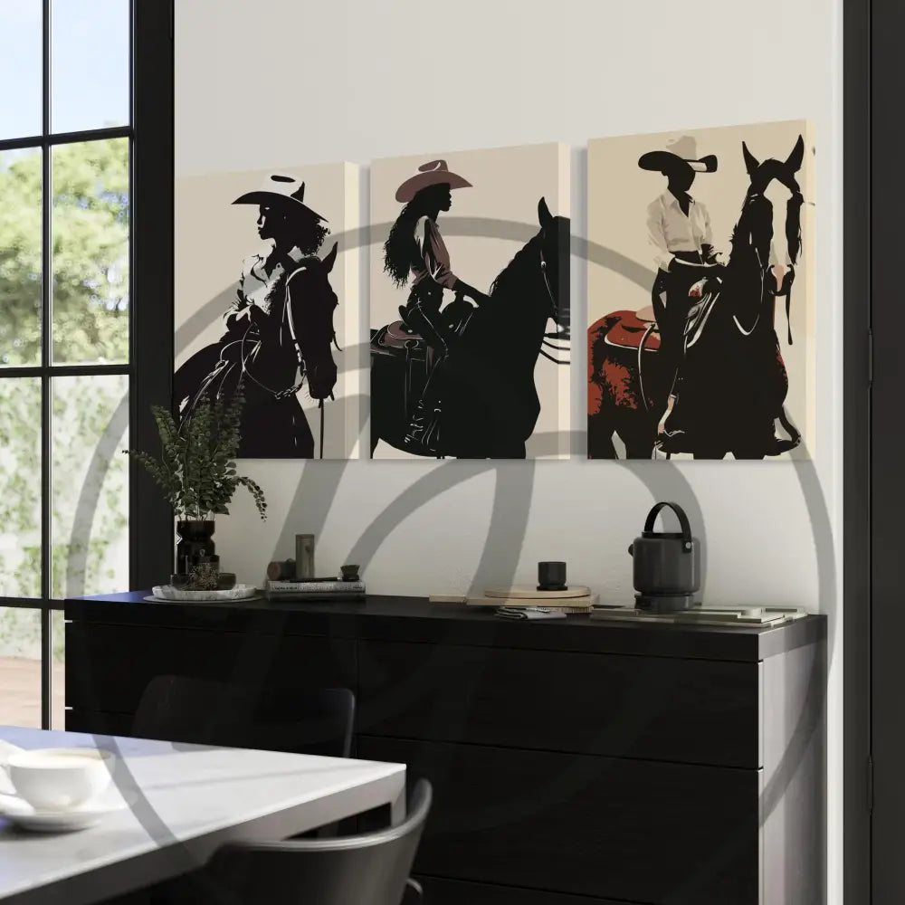 Modern Afrocentric cowboy art with bold silhouettes and muted tones.