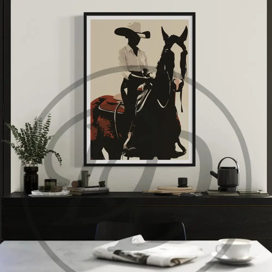 Minimalist digital art of Black cowboy riding horse. Printable Afrocentric Western wall décor.