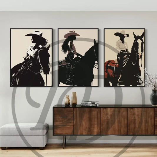 Afrocentric digital wall art of Black cowgirl silhouette on horseback. Printable modern Western art.