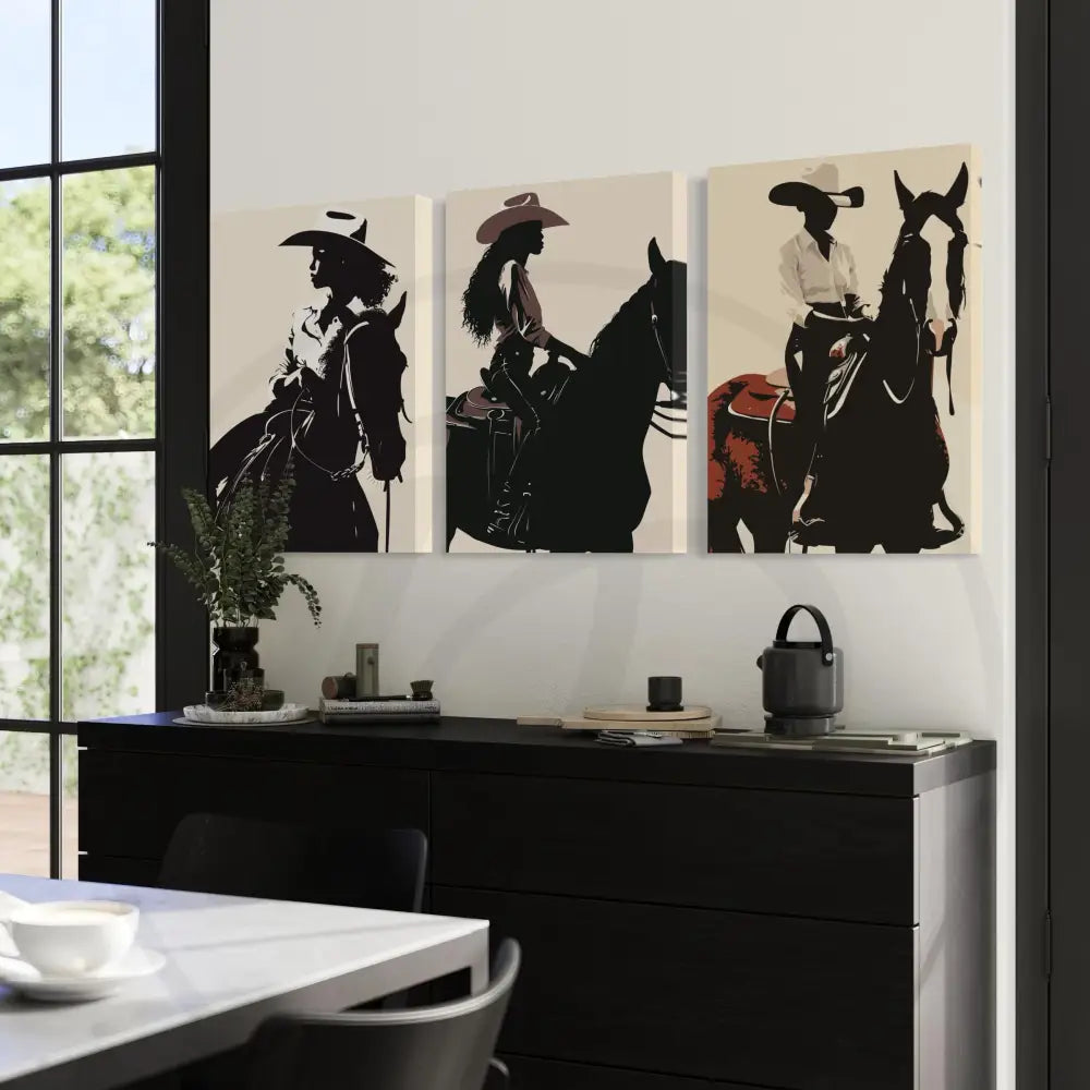 Modern Afrocentric cowboy art with bold silhouettes and muted tones.